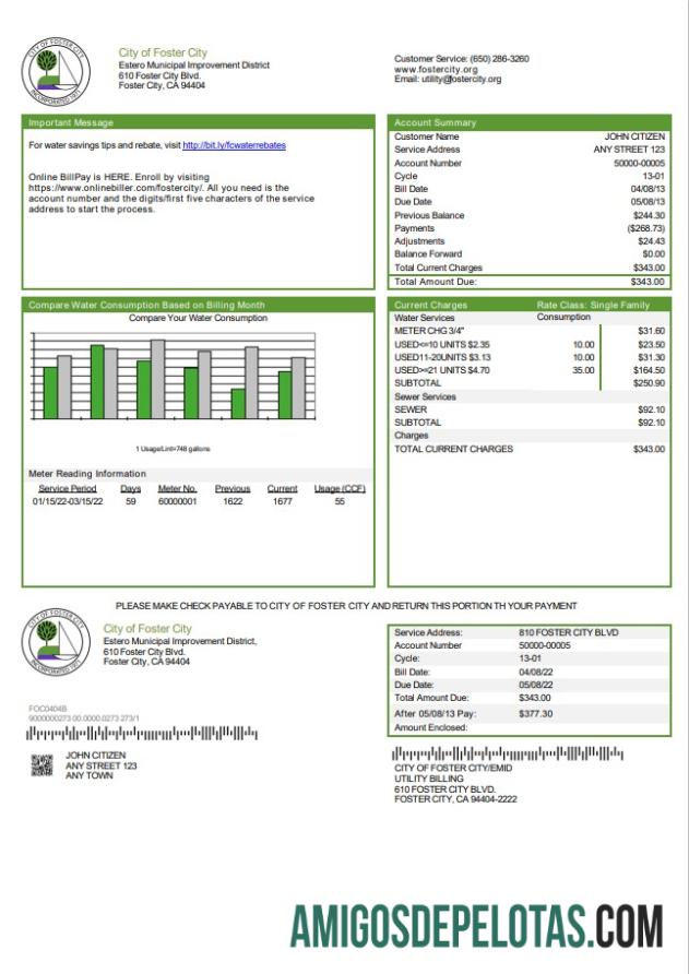 imprimível Modelo de conta de serviços públicos da cidade de Foster, EUA, Califórnia, em formato Word e PDF